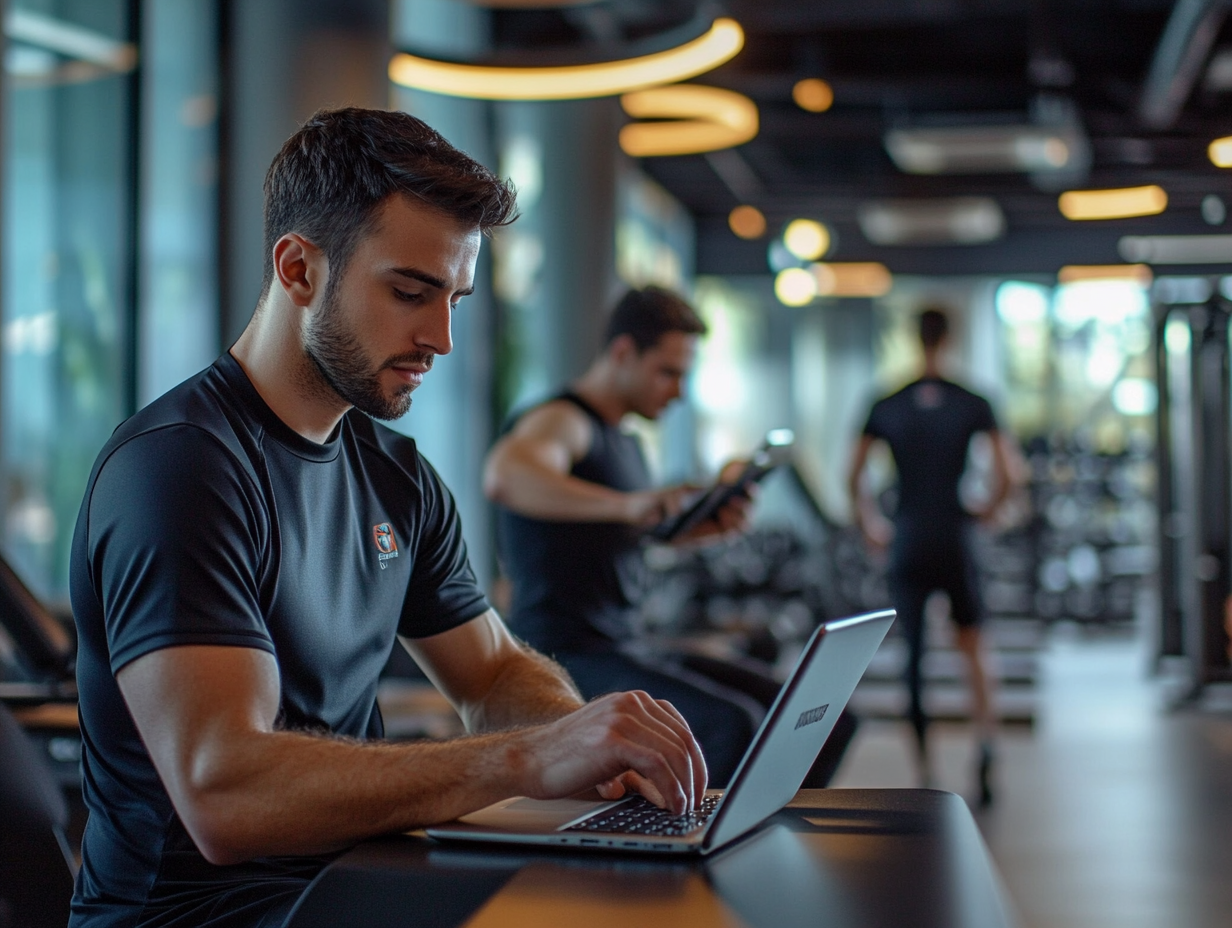 Gym employee working on laptop