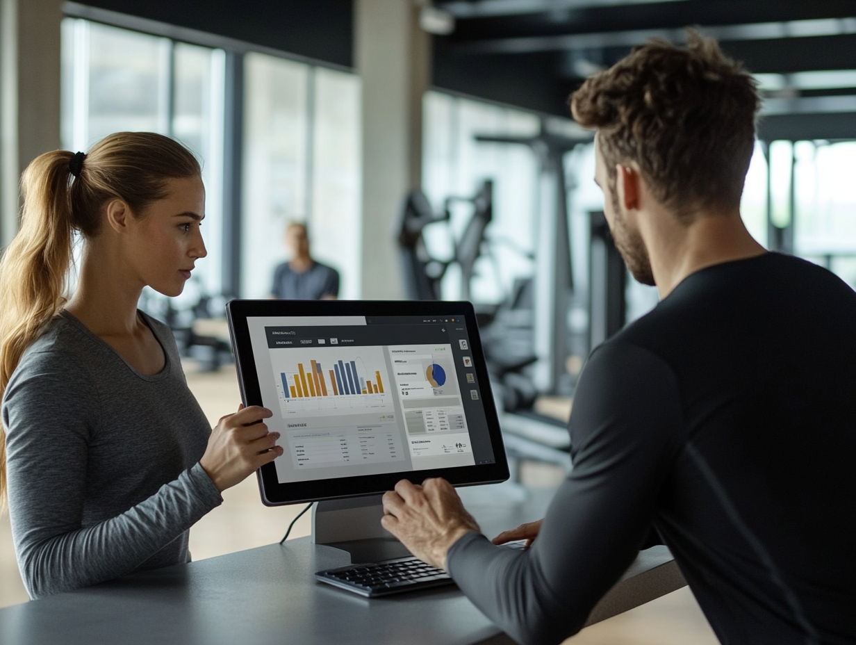 Gym employee helping gym member