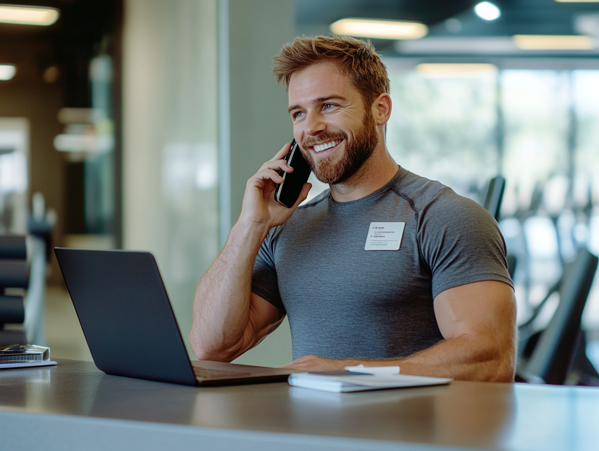 Gym employee behind a laptop on the phone