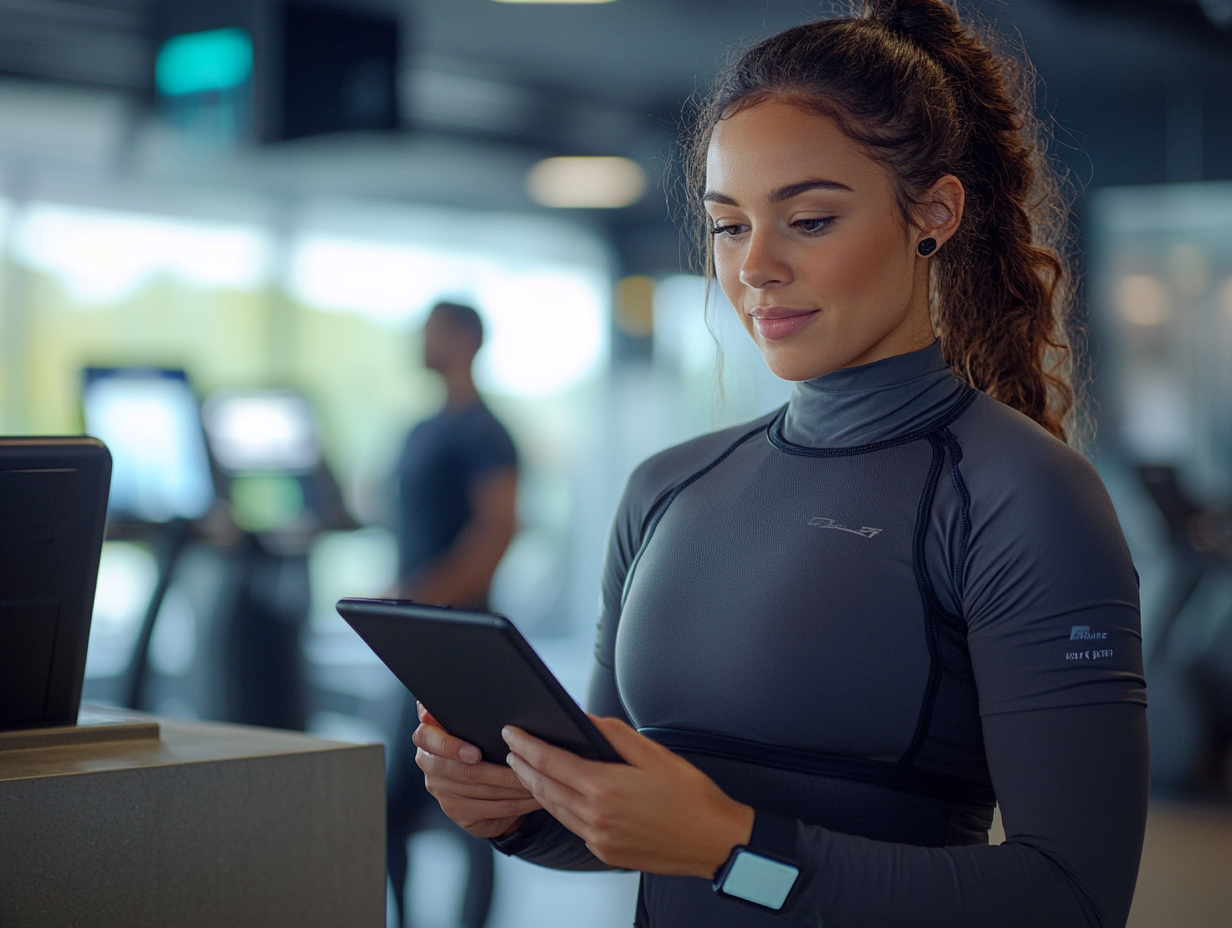 Gym employee working on a tablet with gym equipment in the background
