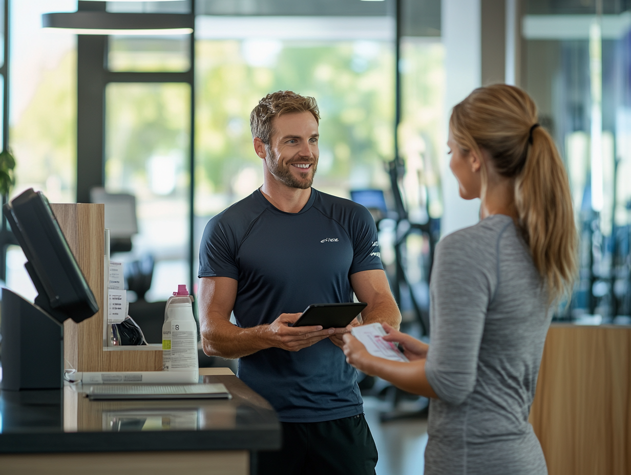 Gym member being handed a towel from helpful gym employee