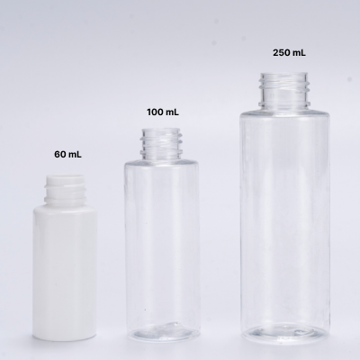 Clear PET flat shoulder 100mL plastic bottle with 24mm neck finish
