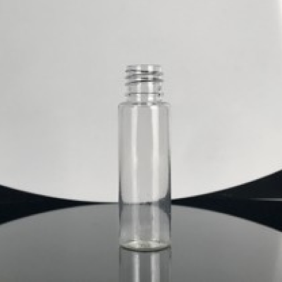Clear PET flat shoulder 25mL sample bottle with 18mm neck finish