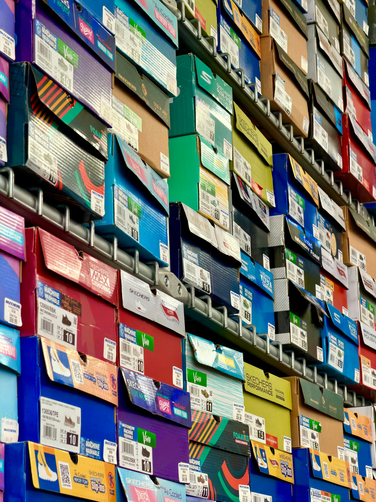 Colorful boxes stacked on retail shelves