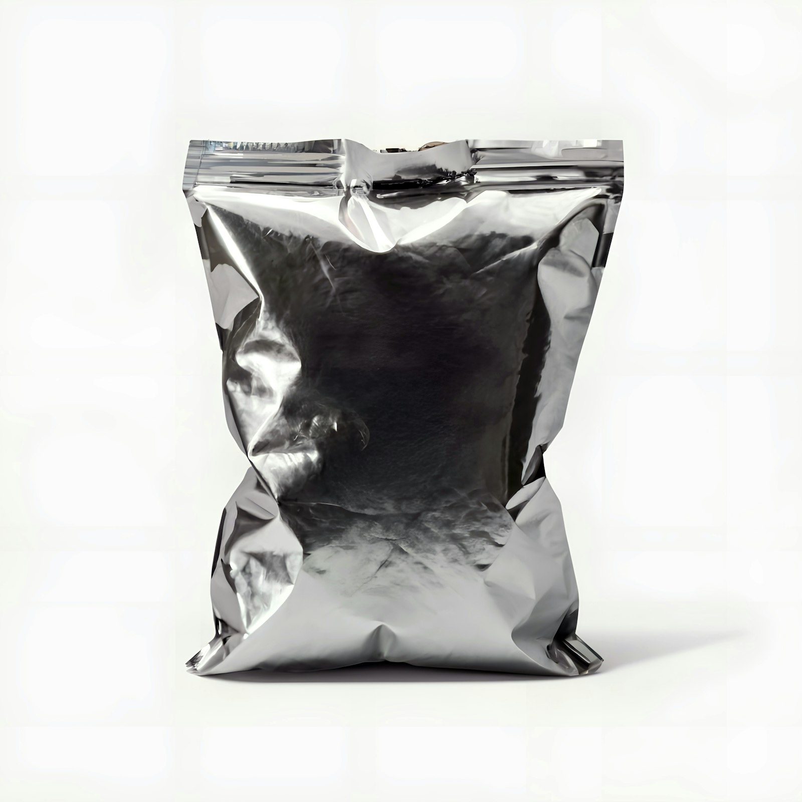 A silver foil stand-up pouch
