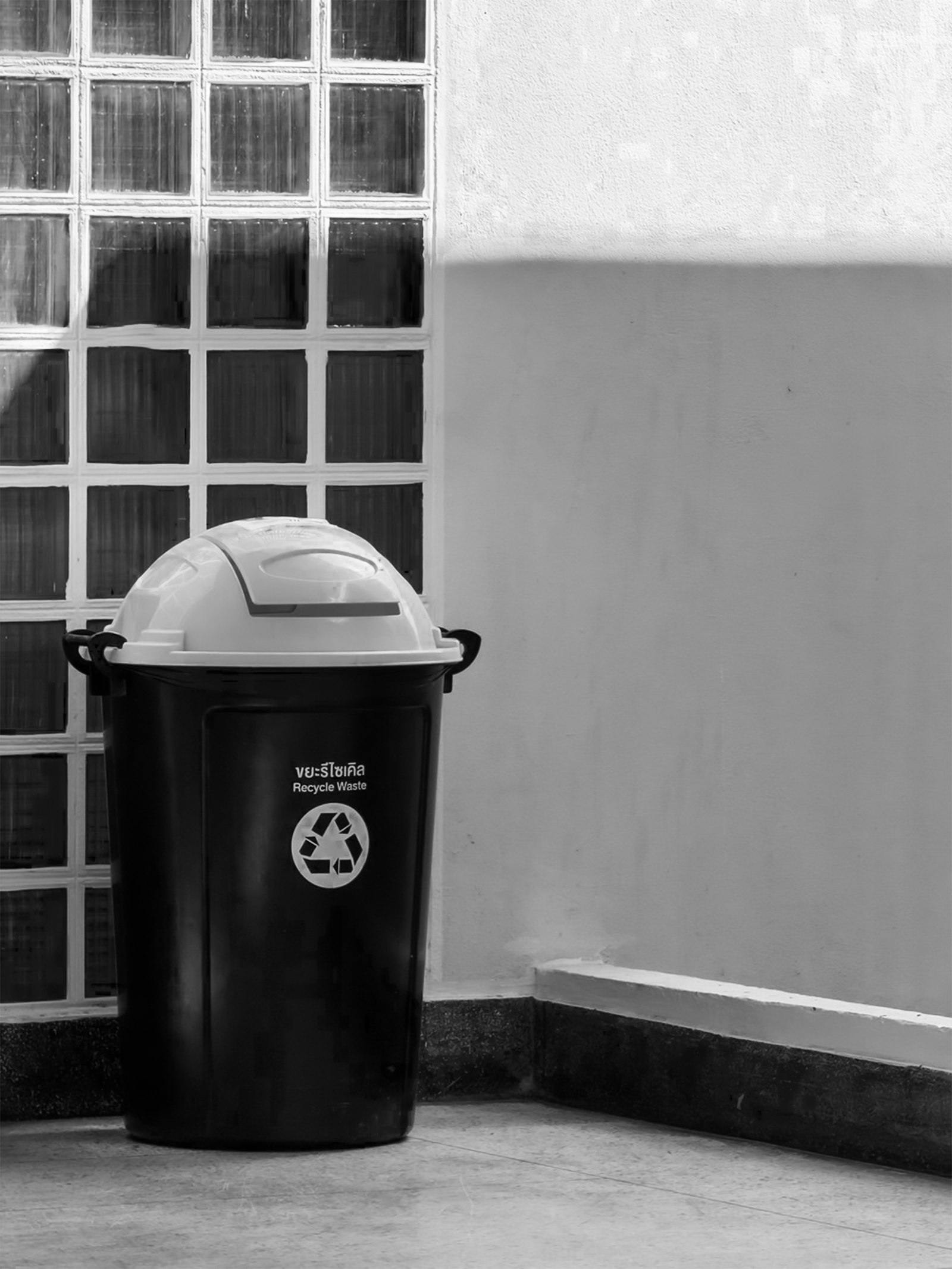 A trash bin with a recycling symbol