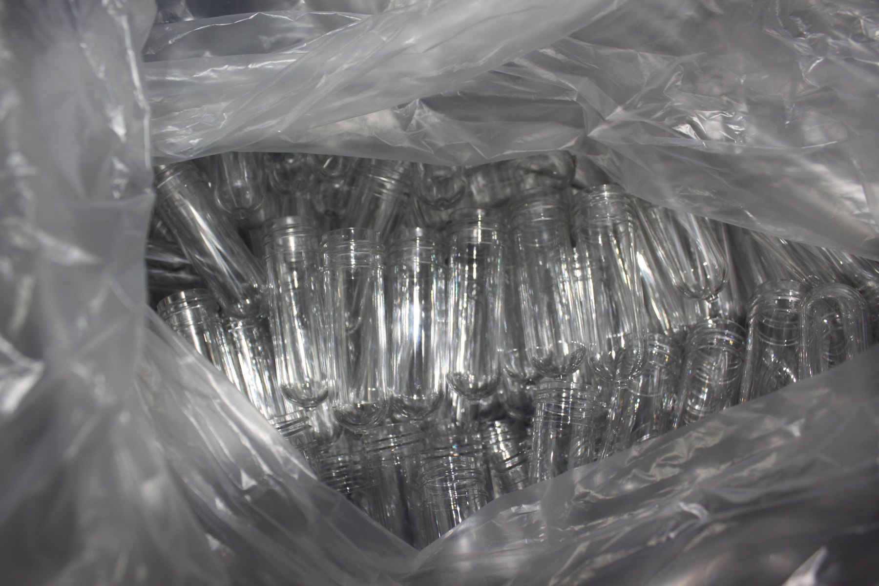 Clear PET preforms individually poly-bagged before blow molding