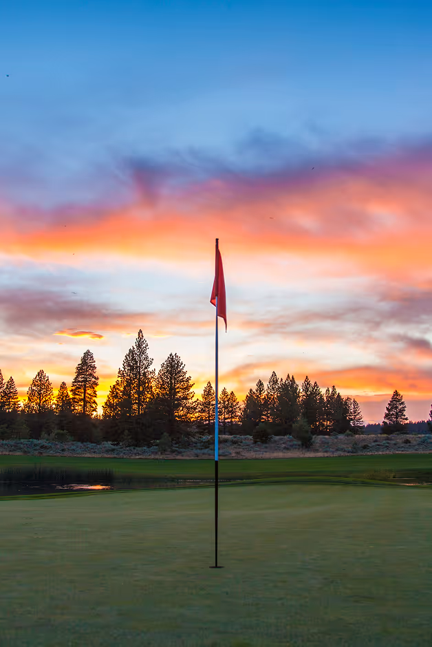 A red and blue flag on a green golf course.