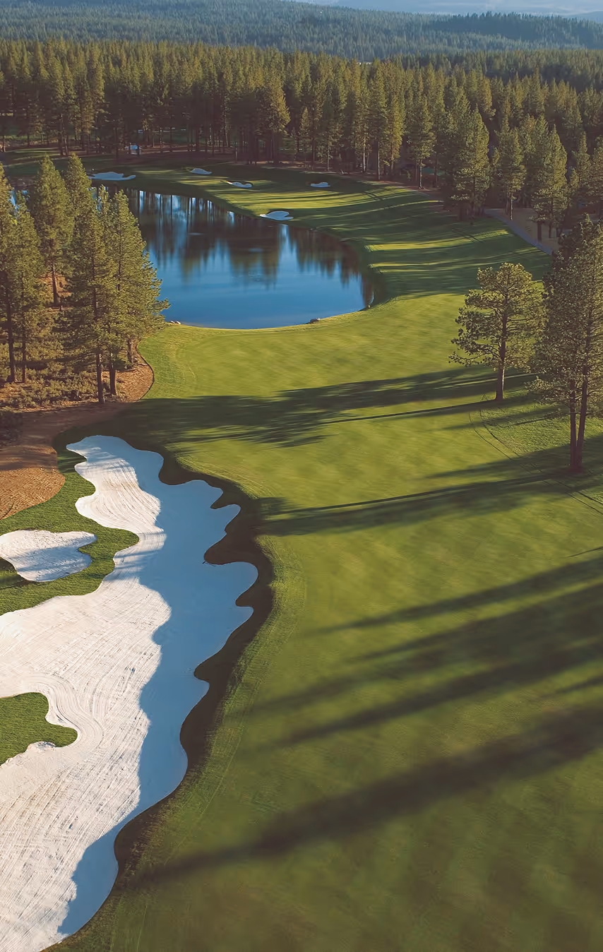 A golf course surrounded by trees and water.