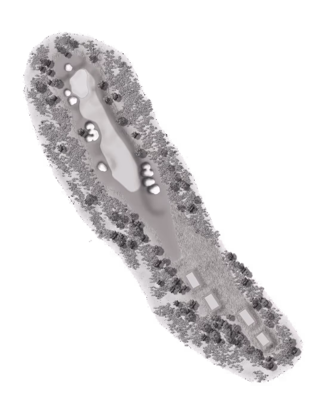 Aerial view of a golf course hole with sand traps, a putting green, and surrounding trees.