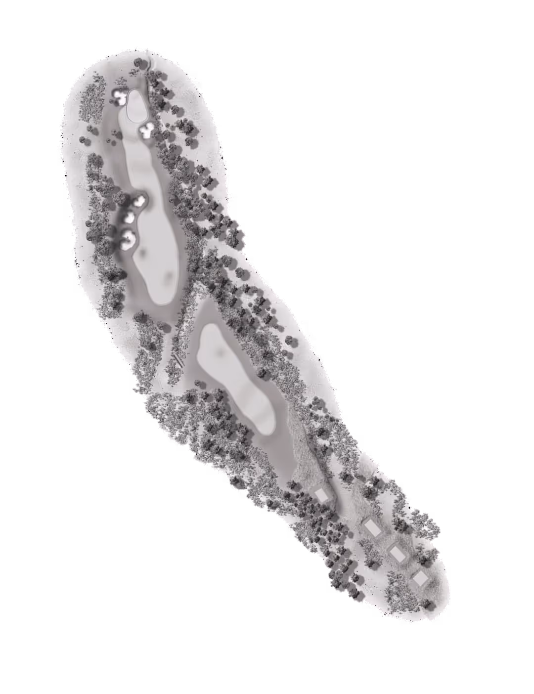 Top-down view of a golf course hole with fairways, sand bunkers, water hazards, and surrounded by trees.