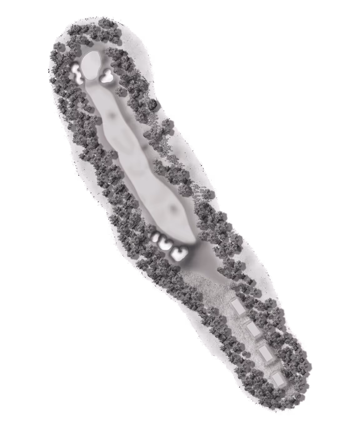 Aerial view of a golf hole with a narrow fairway lined by dense trees, bunkers near the green, and four small buildings clustered at the tee area.