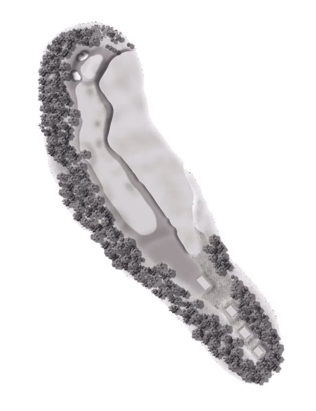 Aerial top-down view of a golf course hole surrounded by trees with multiple sand bunkers and a green area.