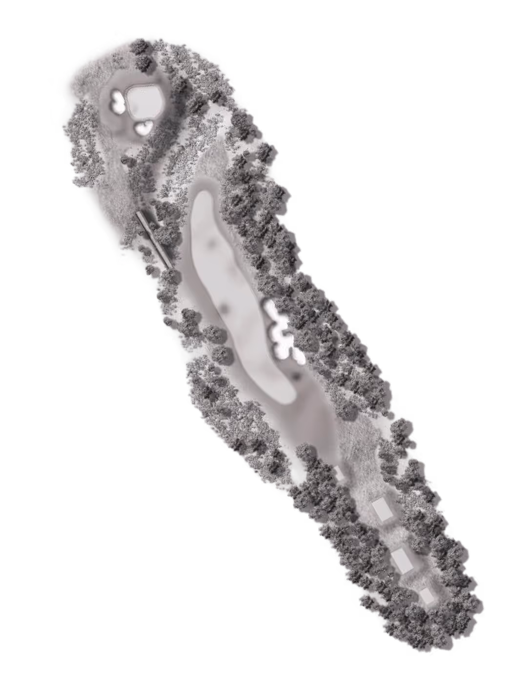 Aerial view of a golf hole featuring a fairway lined with trees, several sand bunkers, a green with flagstick, and three buildings near the tee area.