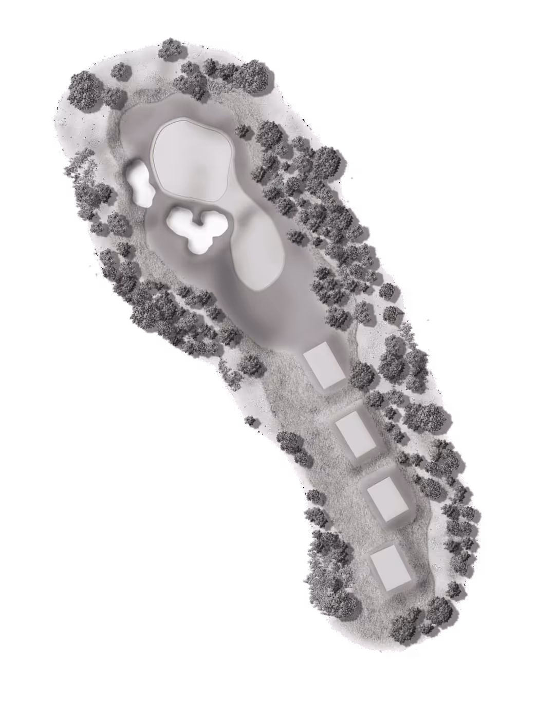 Top-down view of a golf course hole with sand bunkers, a putting green, trees, and four square structures along the fairway.