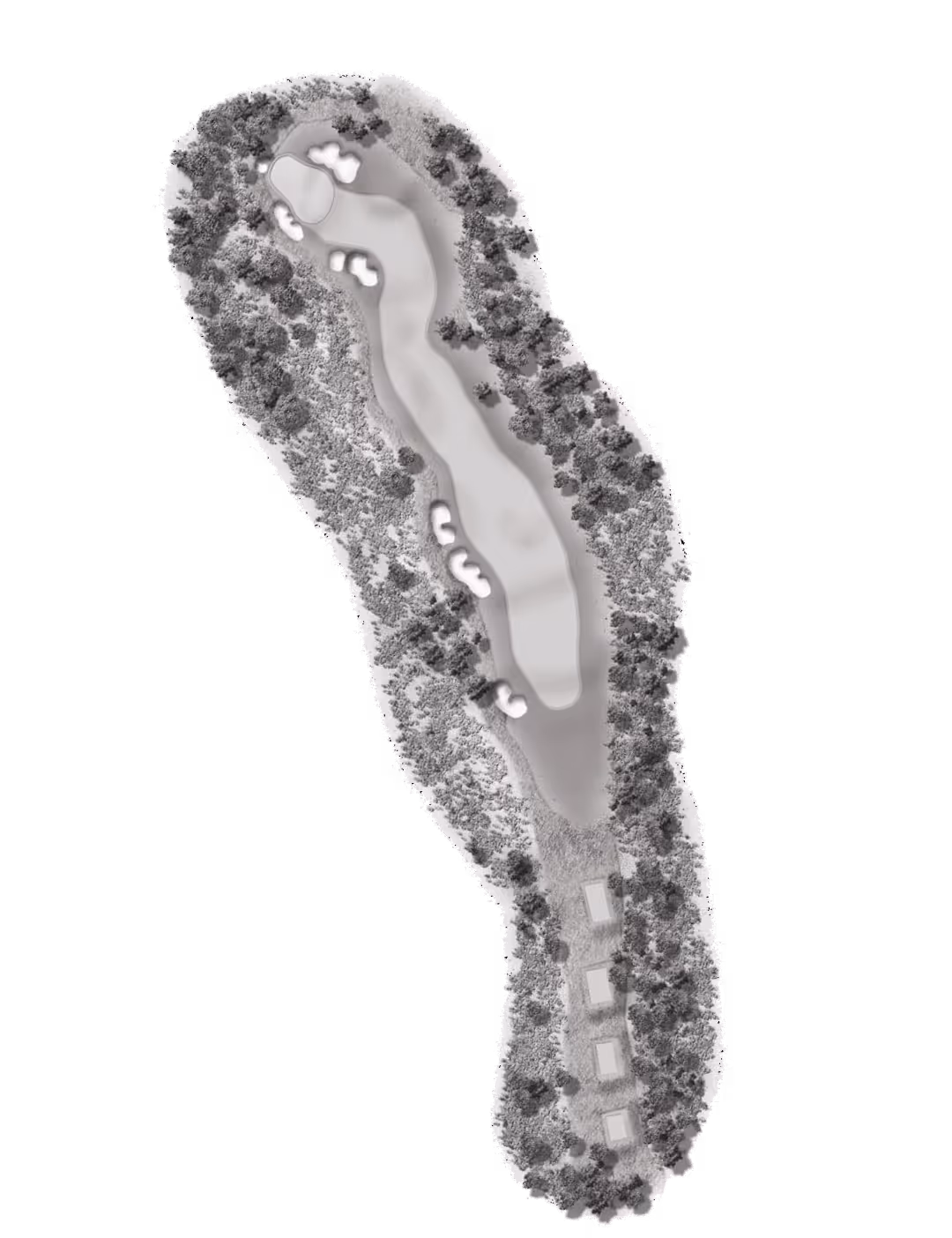 Aerial view of a golf hole with a narrow fairway flanked by trees and multiple sand bunkers around the green and along the fairway.