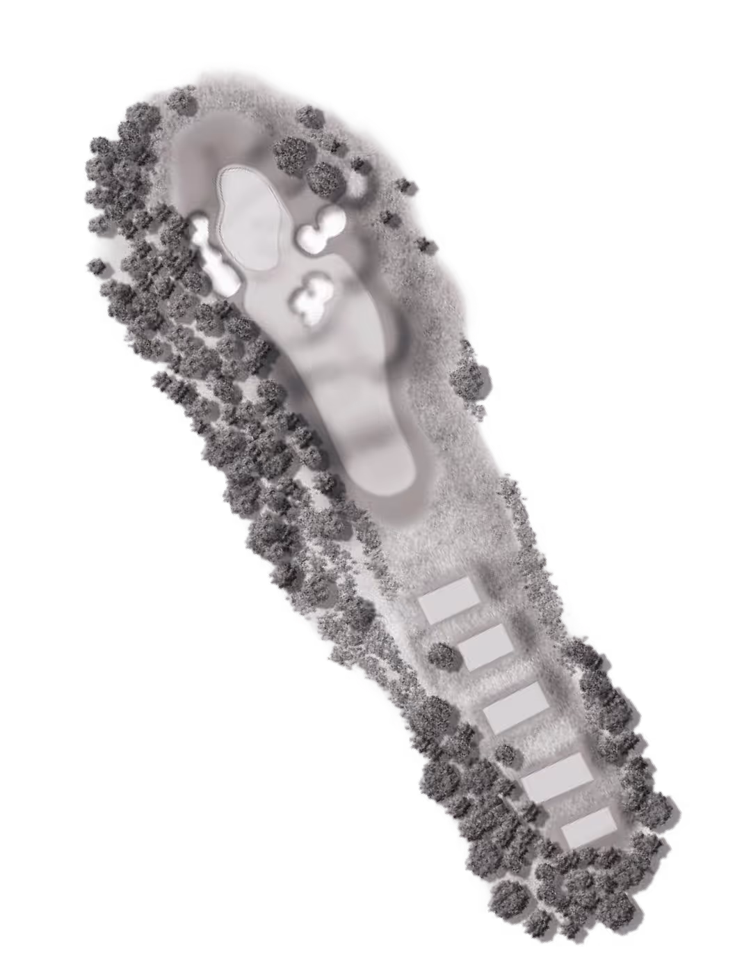 Aerial view of a golf hole layout featuring a tee area, fairway, bunkers, and green surrounded by trees.