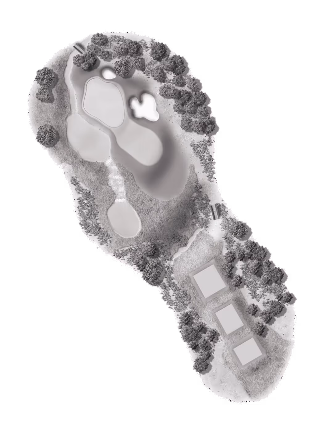 Aerial view of a golf course hole featuring the teeing area, fairway, two bunkers near the green, trees lining the hole, and sand trap hazards.