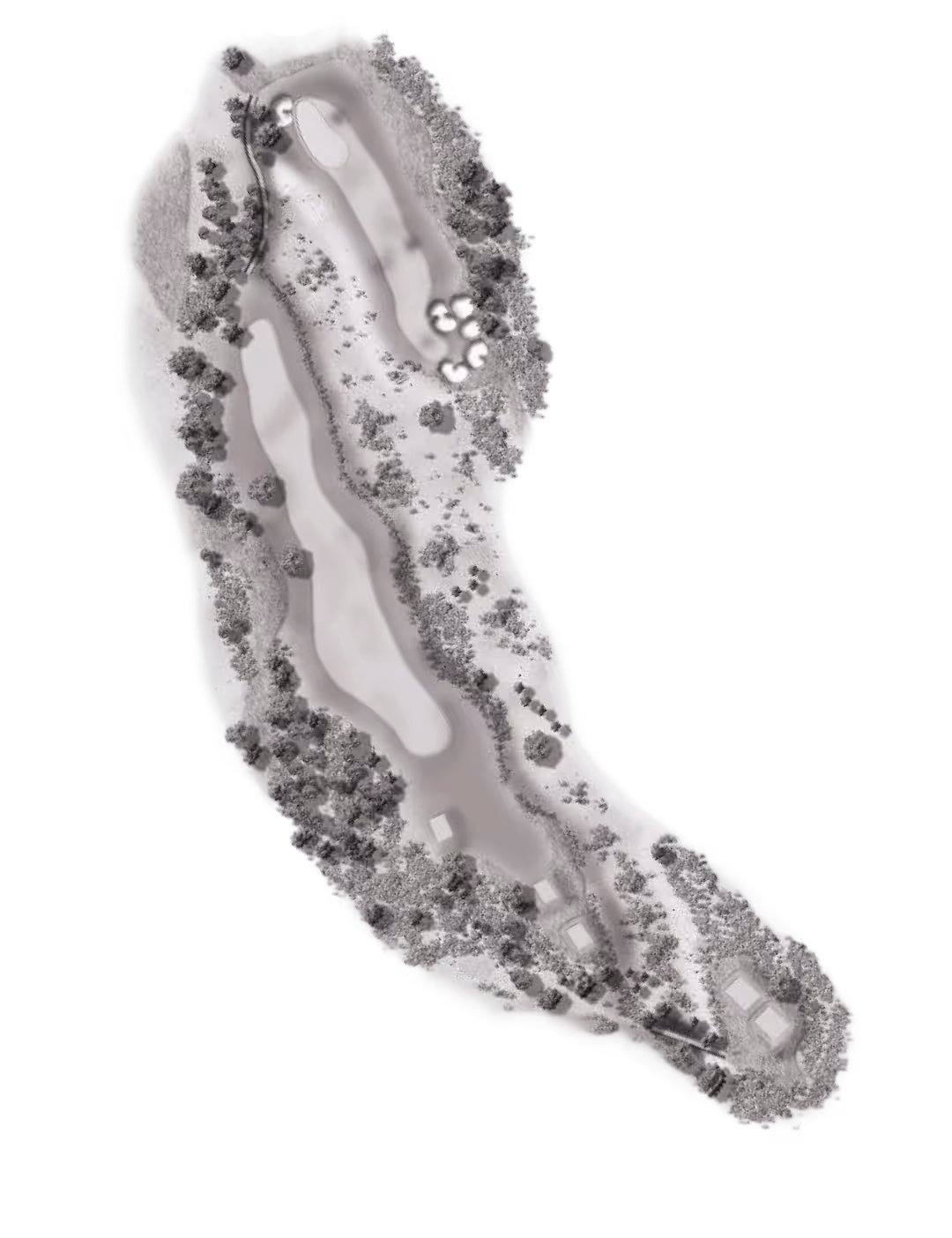 Aerial view of a golf course hole featuring a fairway lined with trees, a sand bunker cluster near the green, and several small buildings near the tee area.