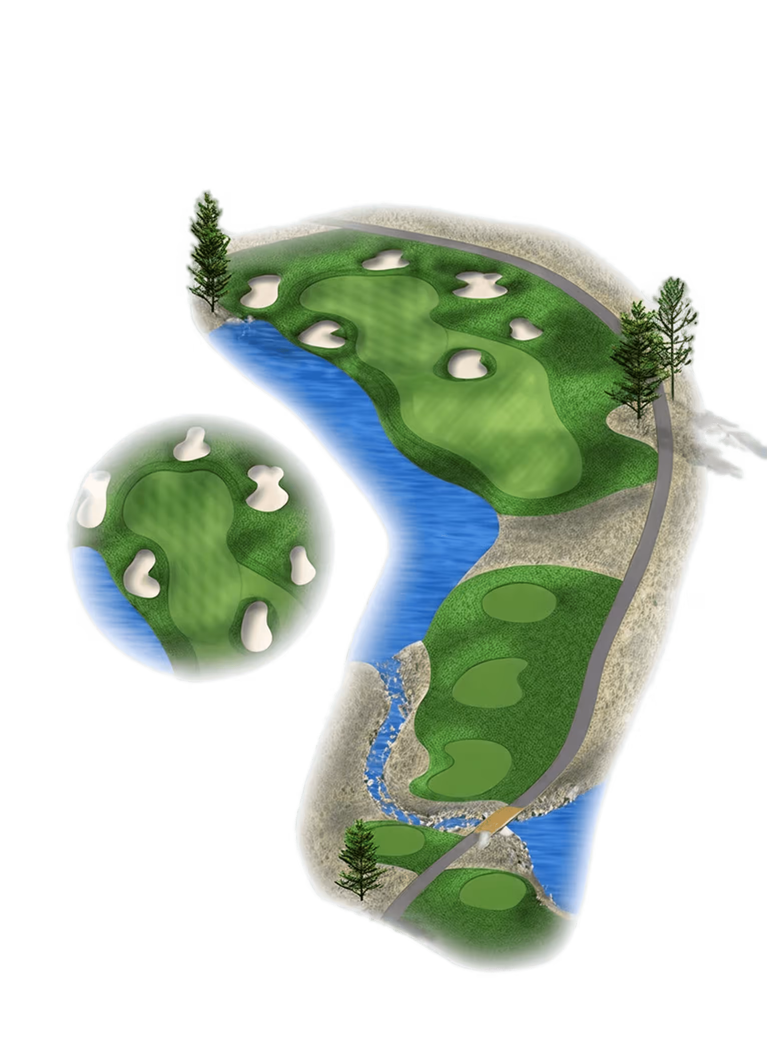 Illustrated overhead view of a golf hole layout with multiple bunkers, fairways, water hazards including a river, and trees with an enlarged inset showing the green area in detail.
