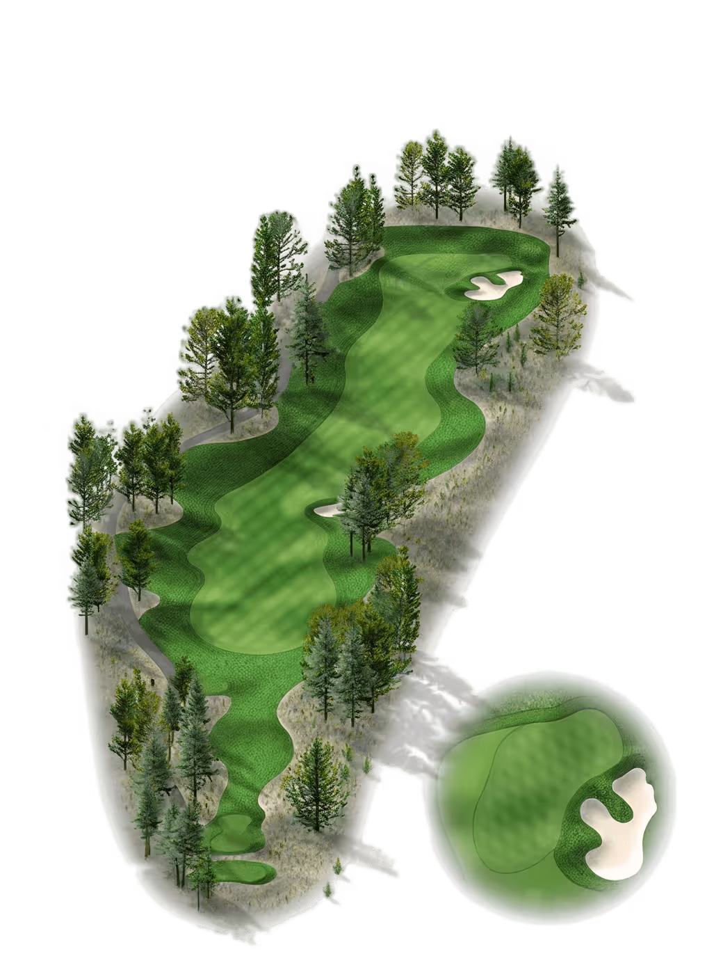 Aerial view of a golf hole layout surrounded by trees, featuring a fairway, two sand bunkers near the green, and an enlarged inset detail of the green and bunker area.