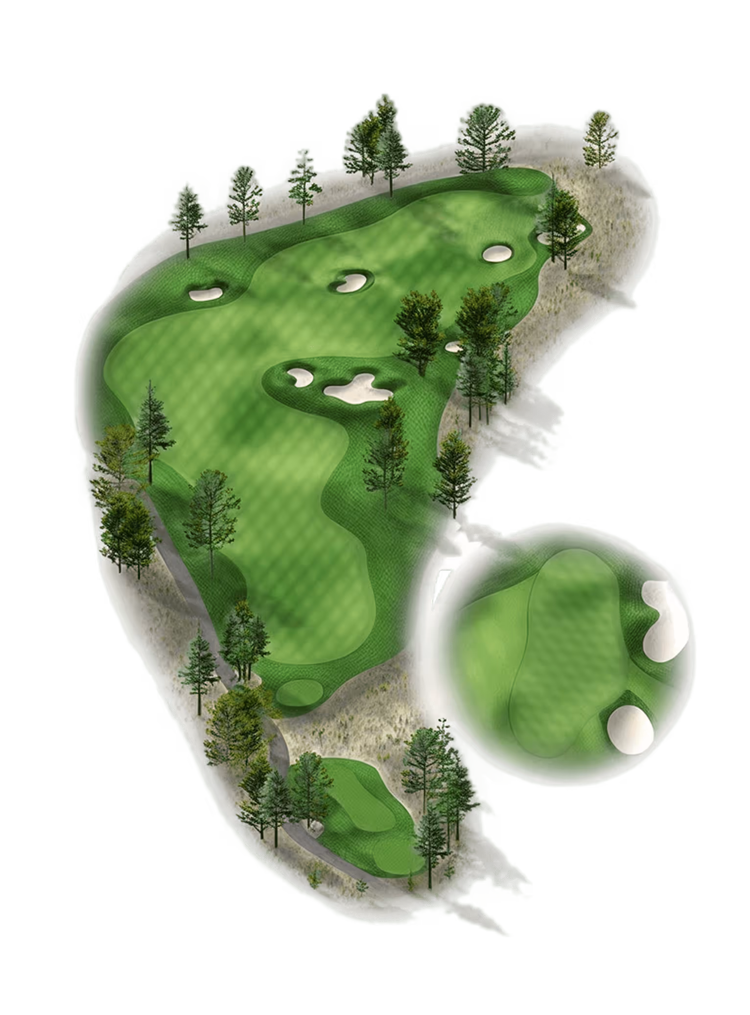 Aerial view of a golf course hole with green fairways, several sand bunkers, and surrounding trees.