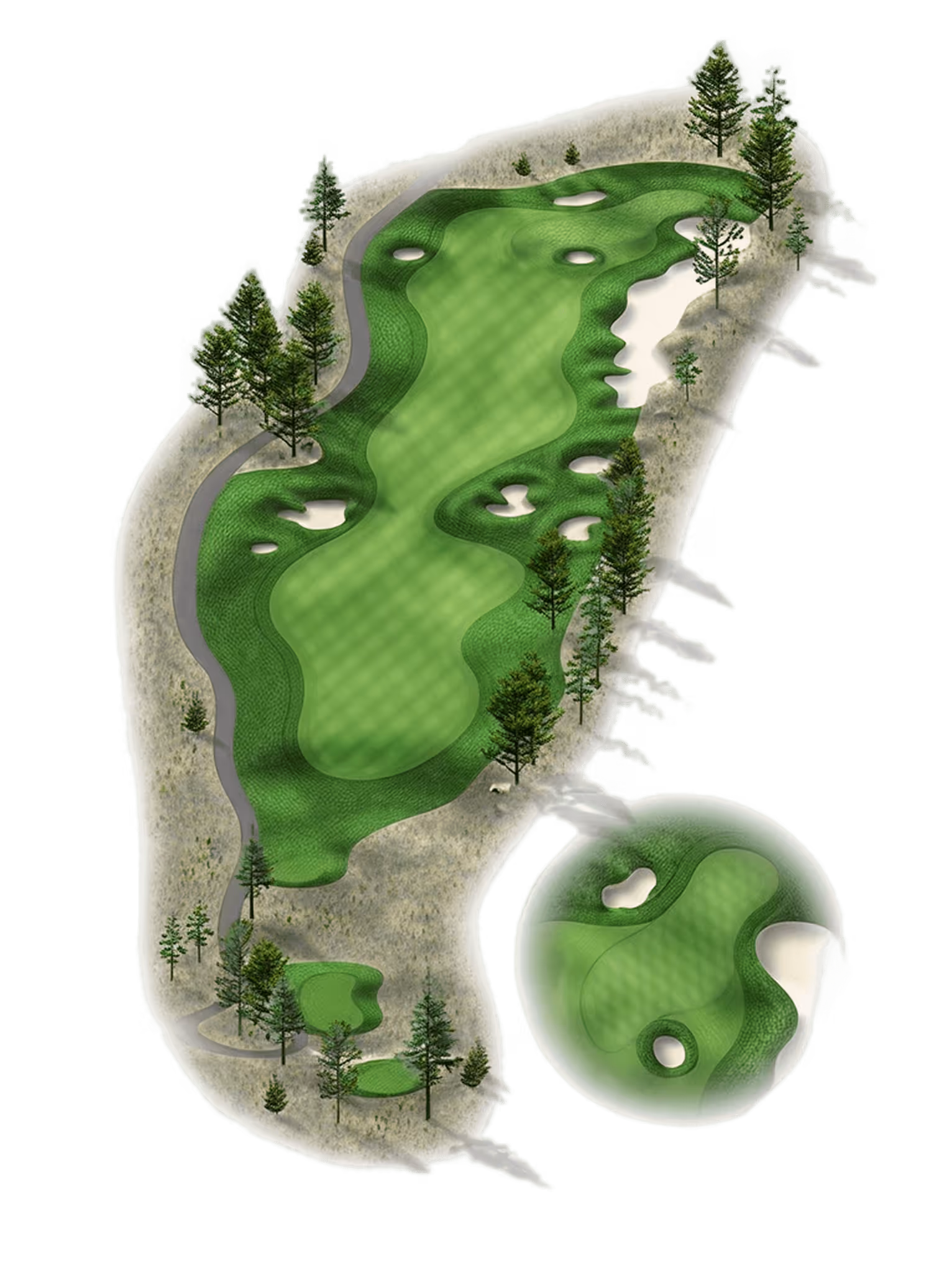 Aerial view of a golf hole layout with fairways, greens, sand bunkers, cart paths, and surrounding trees.