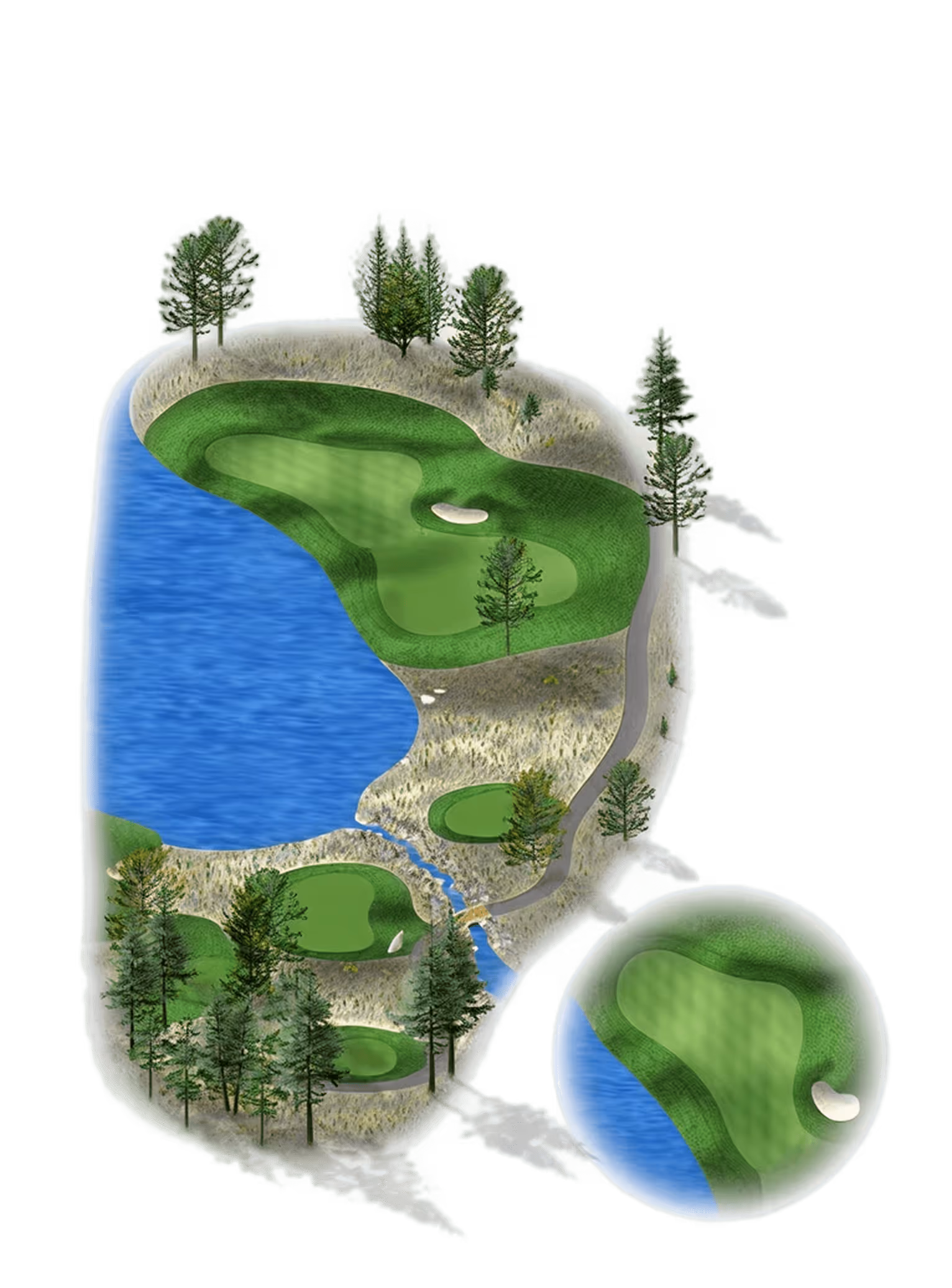 A detailed aerial illustration of a golf course hole featuring multiple greens, trees, a blue water hazard, a path, and a close-up inset of the green with a sand bunker.