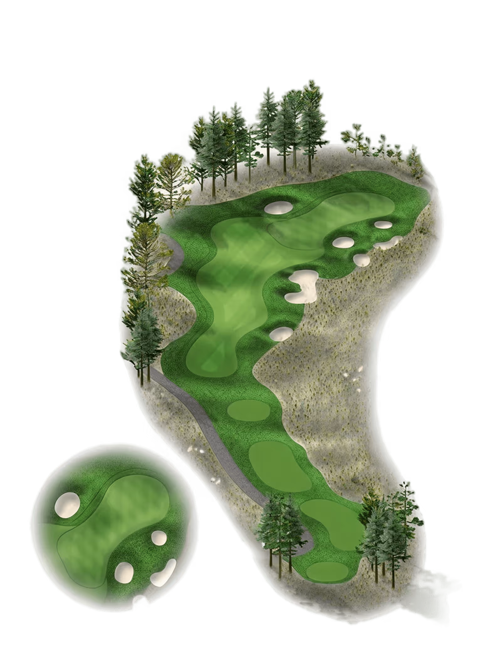 Top-down view of a golf hole layout with green fairways, sand bunkers, trees, and an inset close-up of the putting green.