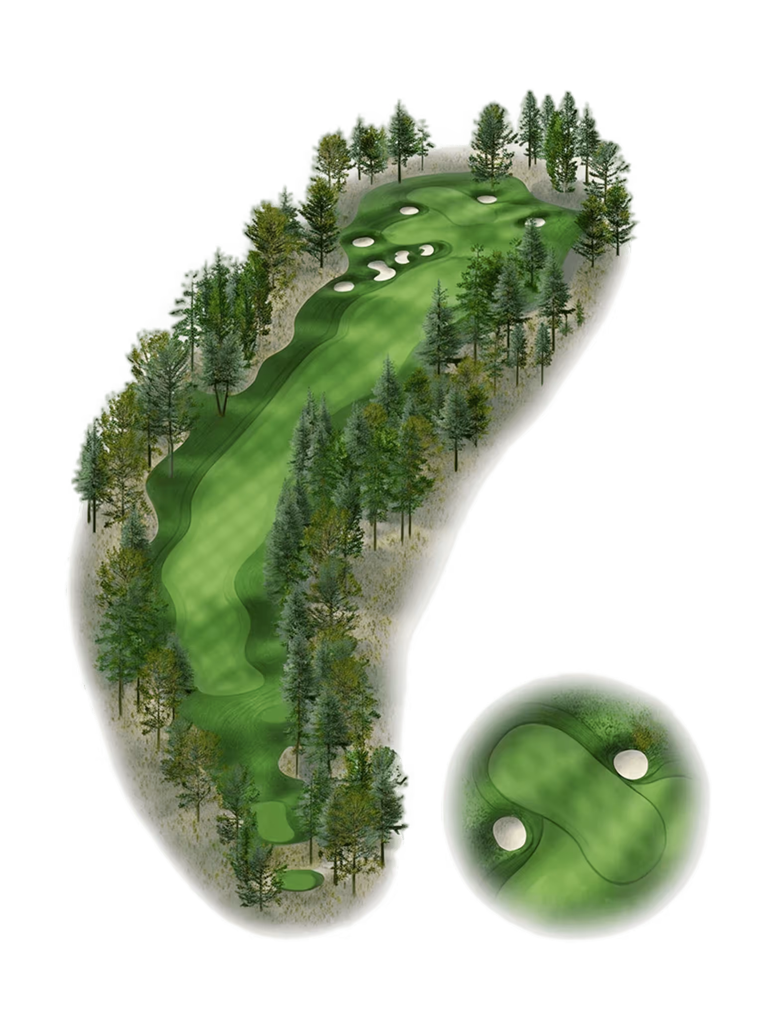 Aerial view of a golf hole layout with fairway surrounded by trees and multiple sand bunkers near the green, plus a close-up of the green with two bunkers.