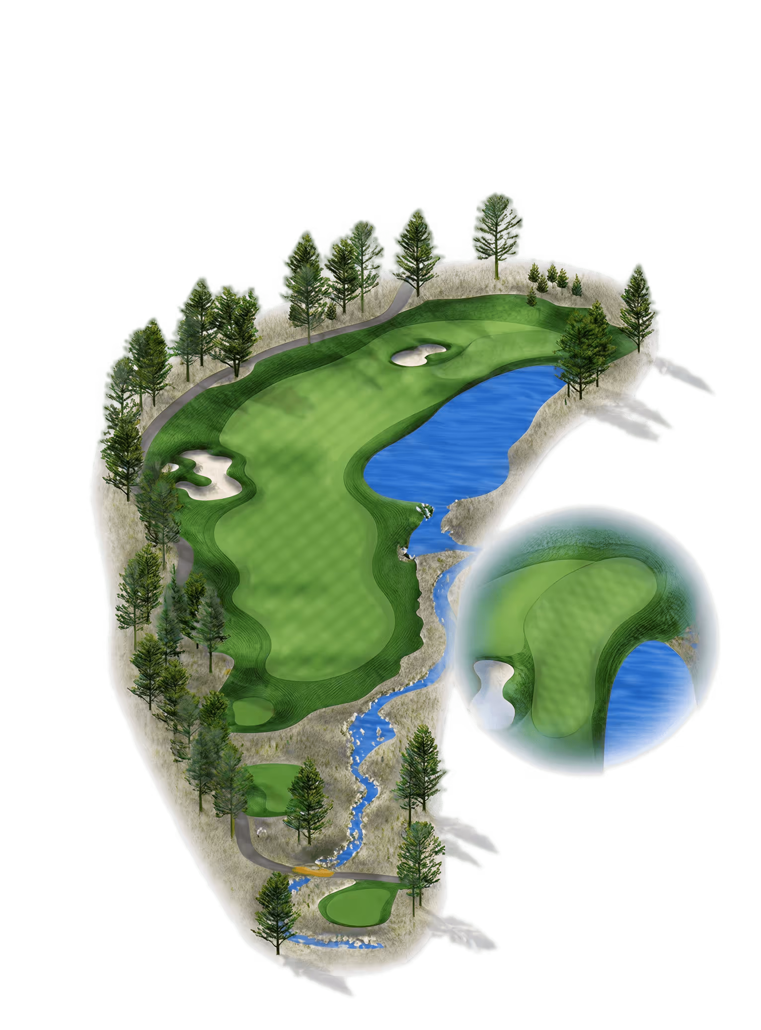 Aerial illustration of a golf hole featuring a fairway surrounded by trees, sand bunkers, a water hazard, and a magnified inset focusing on the green and surrounding sand trap.