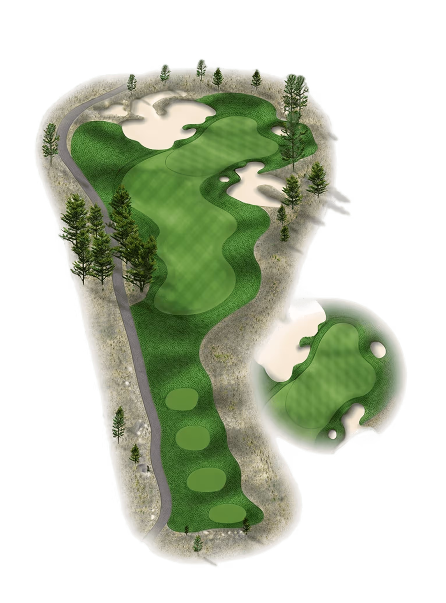 Aerial view of a golf hole layout with fairway, sand bunkers, trees, and a cart path.