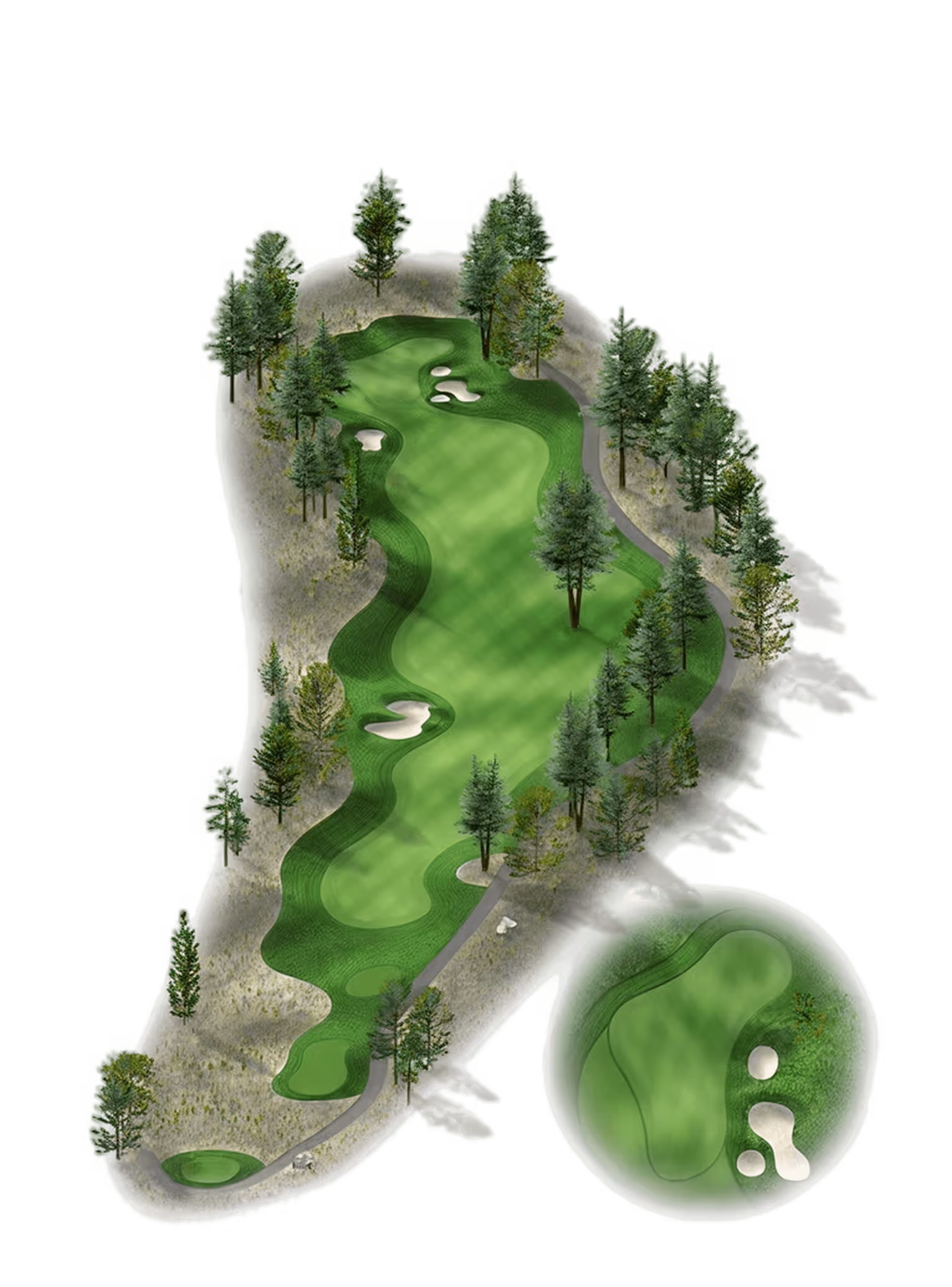 Aerial view of a golf hole with a fairway, green, sand bunkers, surrounded by trees and a zoomed-in view of the putting green.