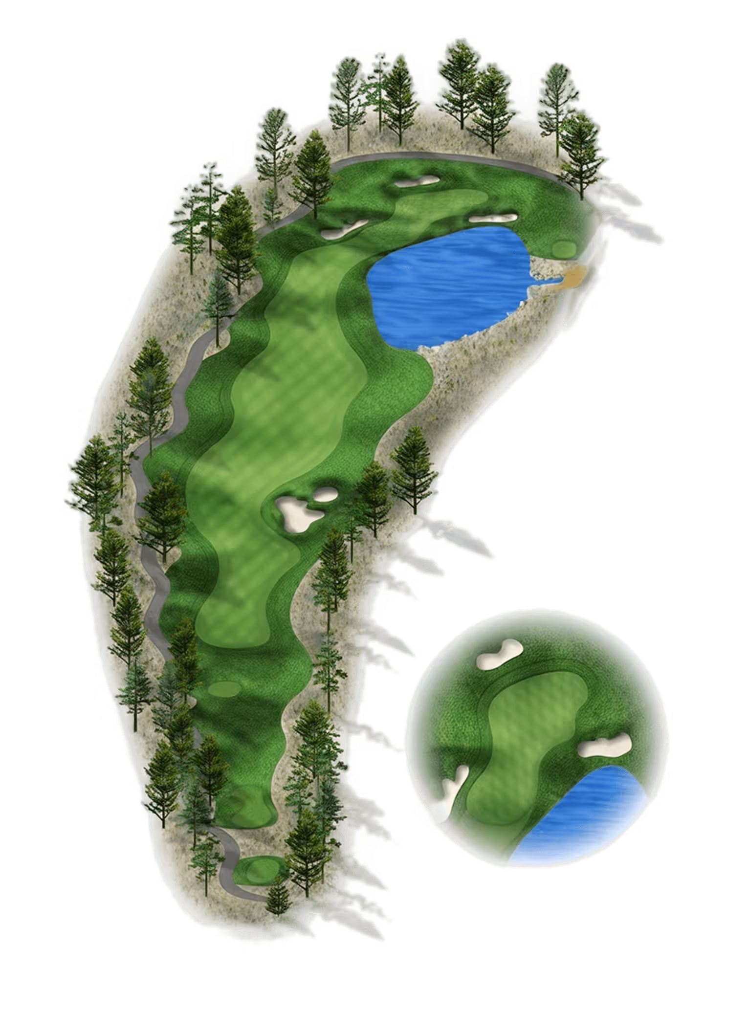 Overhead view of a golf course hole with tree-lined fairway, sand bunkers, water hazard, and a circular inset showing the green in detail.