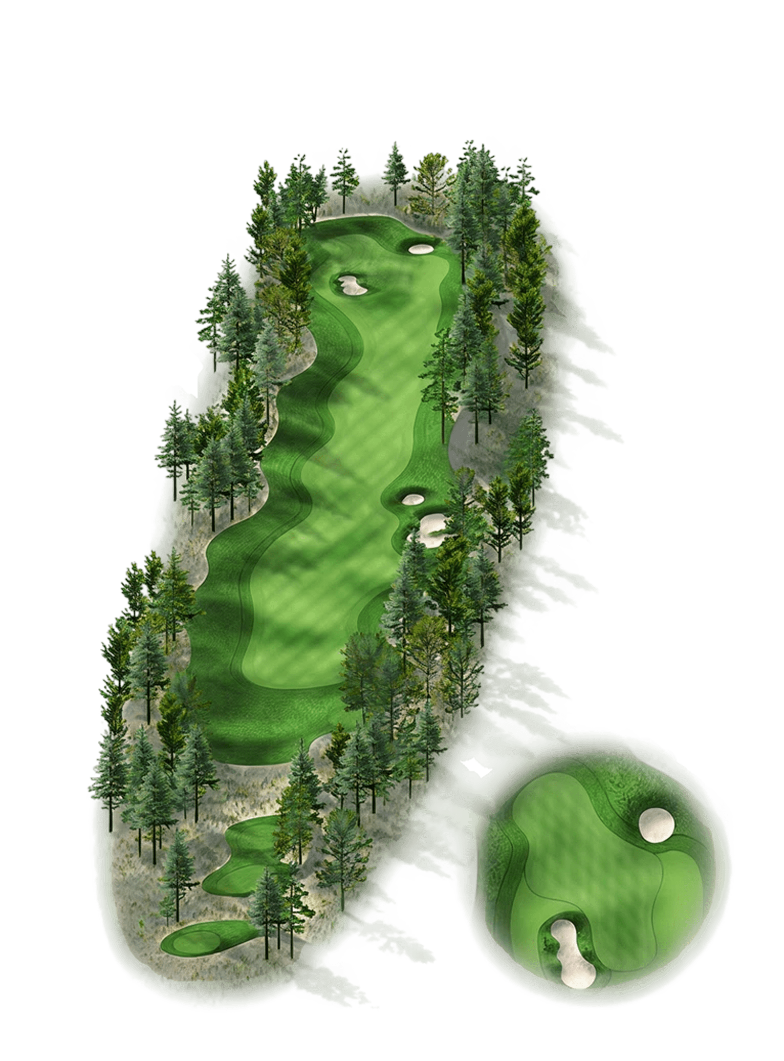 Aerial view of a tree-lined golf hole with a fairway, multiple sand bunkers, and a green area shown separately on the right.
