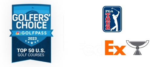 Golfers' Choice 2023 Top 50 U.S. Golf Courses badge with PGA Tour and FedEx logos.