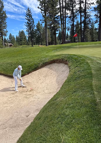 Golfer hitting ball out of sand bunker near green with red flag on a sunny day surrounded by tall pine trees.