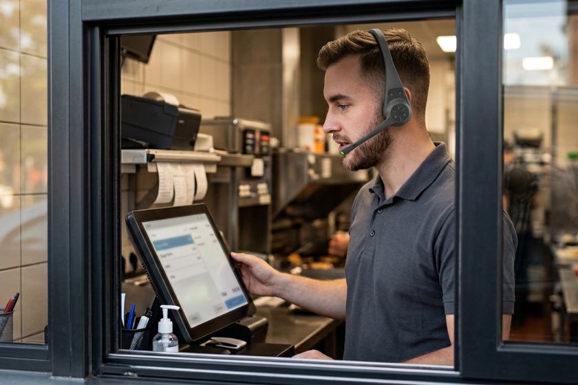 Staff using AOT and AI integrated Pro9 Quail Digital QSR Headsets