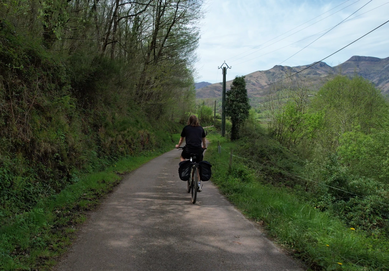 Personne à vélo sur une route étroite dans le Pays Basque bordée d'arbres verts avec des montagnes en arrière-plan.
Séjours à vélo clé en main de The Family Bike.