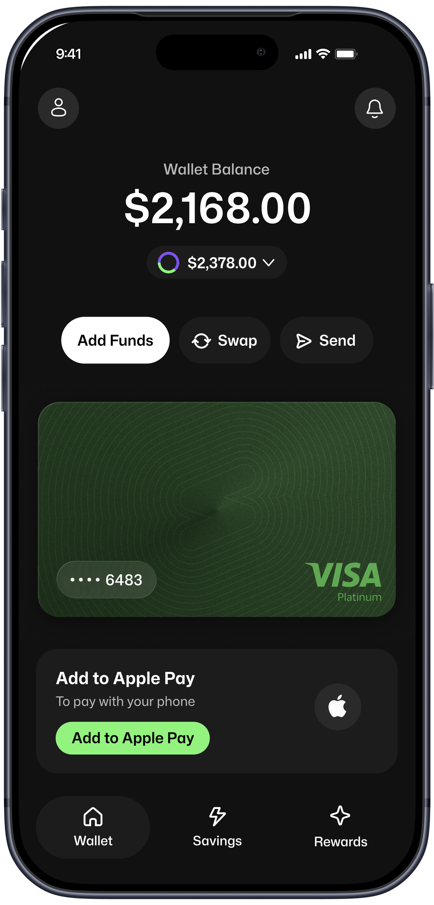 Solid app account screen showing balance and card