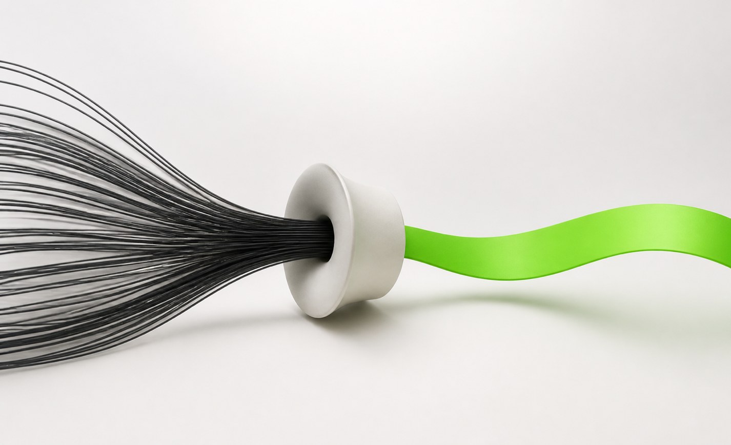Tangled black wires gathered through a ceramic ring into one smooth green ribbon