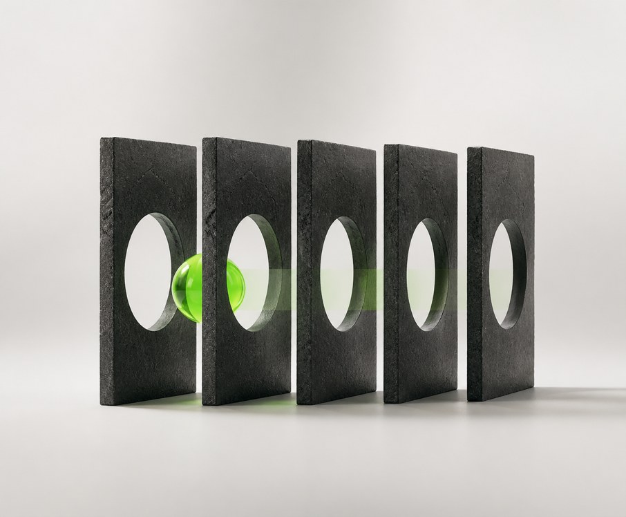 A green sphere passing freely through a row of gated stone slabs