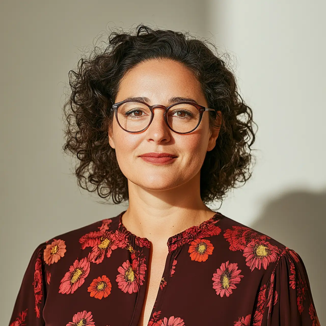 Vrouw met krullen en bril in bloemenblouse glimlacht