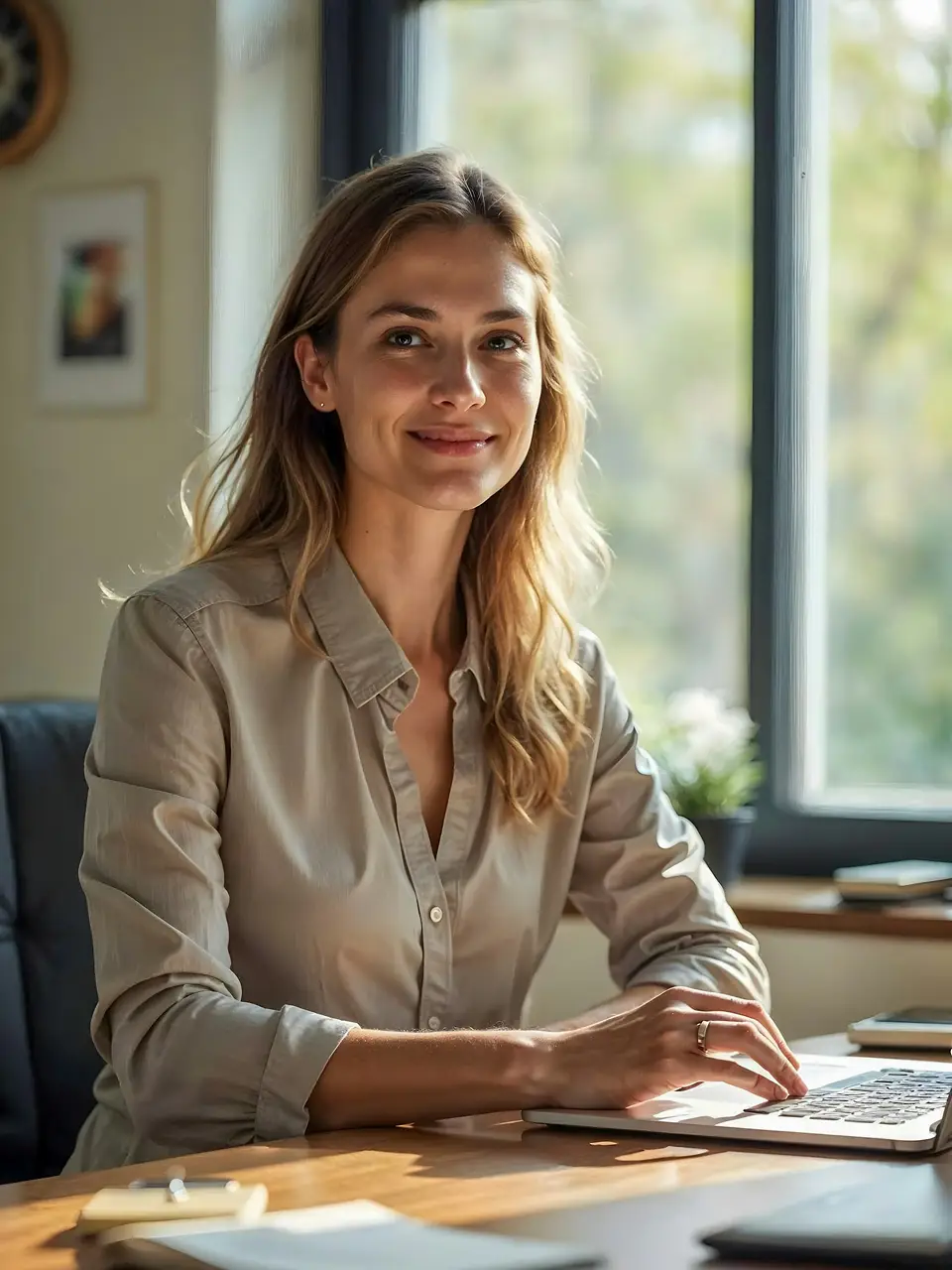 Professionele blonde vrouw glimlacht aan bureau