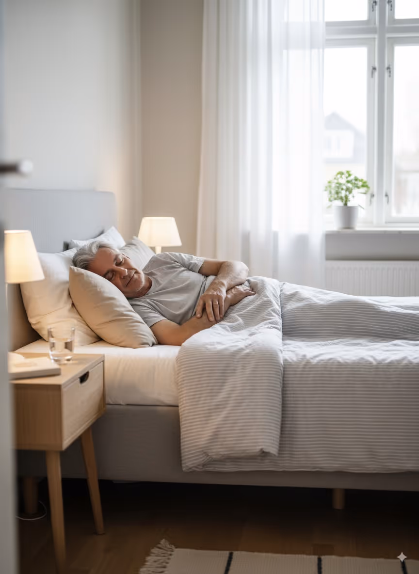 Patiënt rust thuis in bed tijdens herstelperiode met medische zorg op afstand