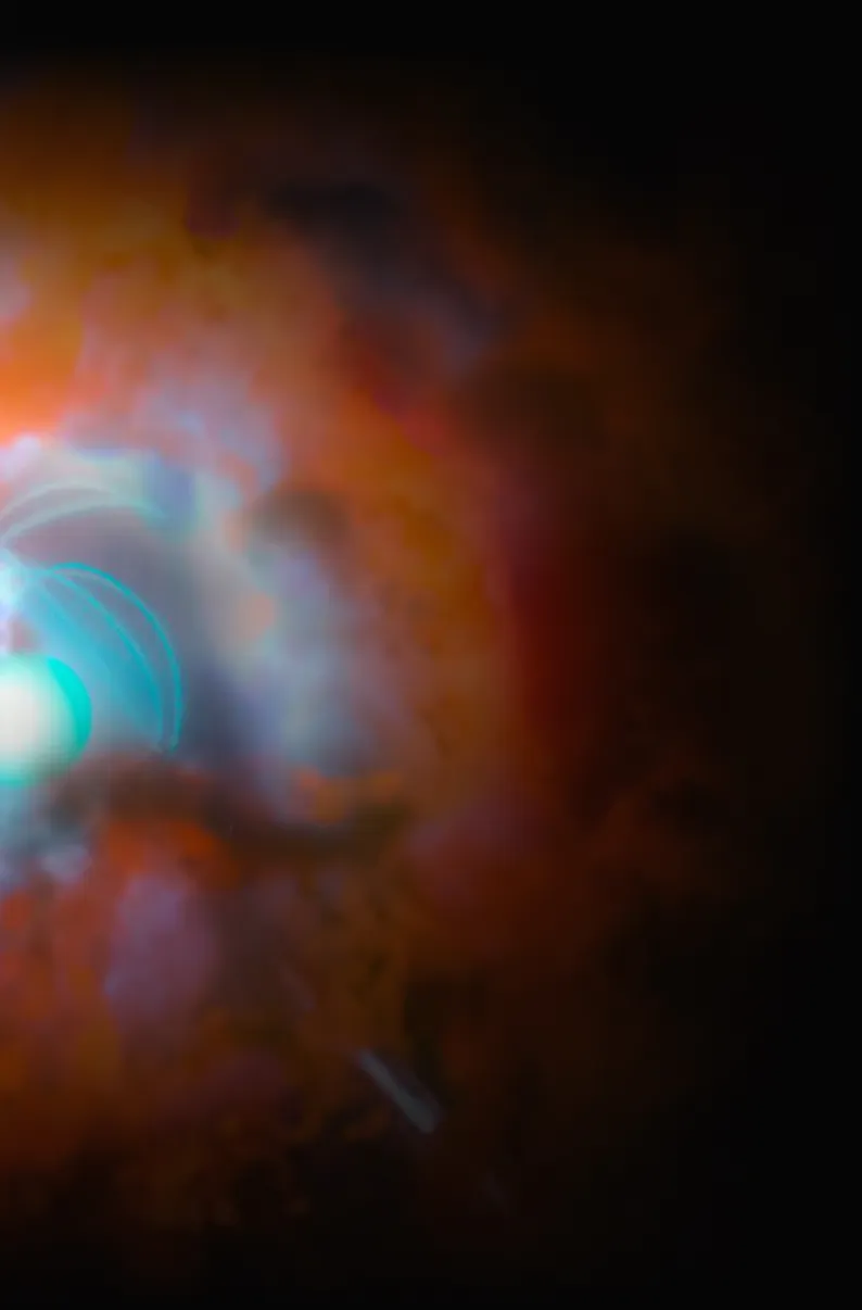 Bright space nebula with glowing blue and orange core

