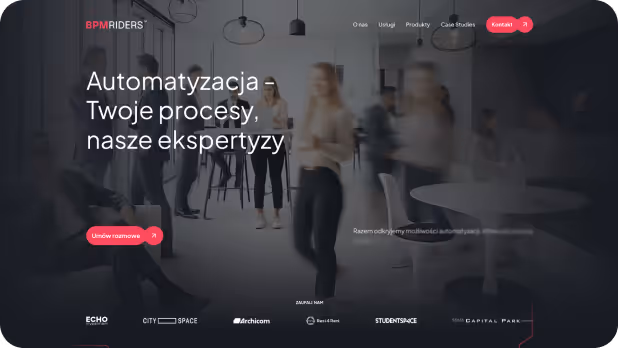 BPM Riders homepage hero section showing a modern office with people collaborating, text reading “Automation – Your processes, our expertise” and a button labeled “Schedule a call.