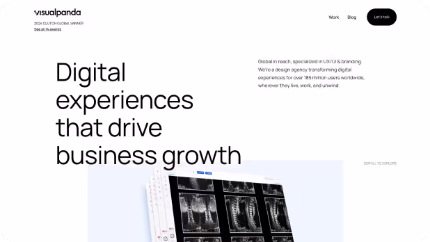 Visualpanda homepage hero section with the headline “Digital experiences that drive business growth” and a preview of a digital product design interface on a clean white background.