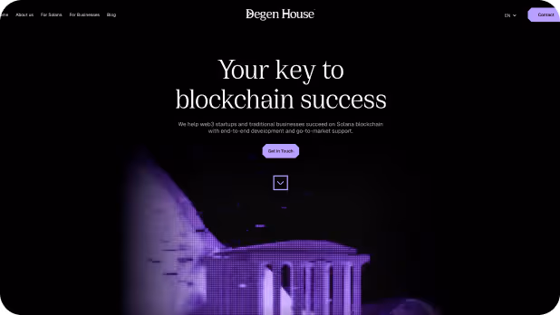 Degen House homepage hero section with the headline “Your key to blockchain success” on a dark background featuring a purple 3D digital building and a button labeled “Get in touch.