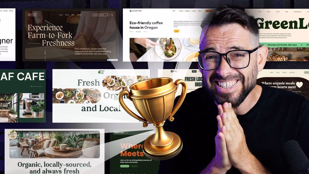 YouTube thumbnail featuring a golden trophy and multiple website design screenshots promoting a Webflow project that placed in the TOP 10 of the Flux Academy challenge for its balanced layout, subtle motion, and consistent visual structure.